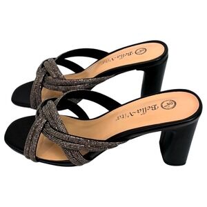 Bella Vita Carmen Black Micro Suede Rhinestone Strappy Slide Mules 7.5WW 51-3591